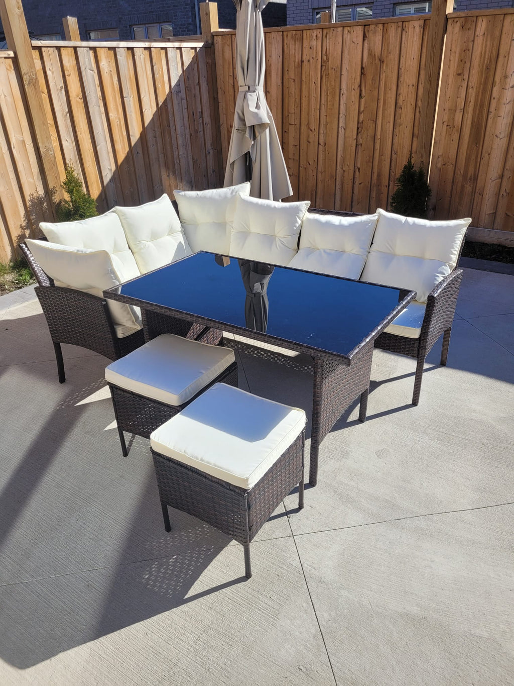 Garden Outdoor 7 pc Lounger Set Dark Brown Wicker with Beige Cushion