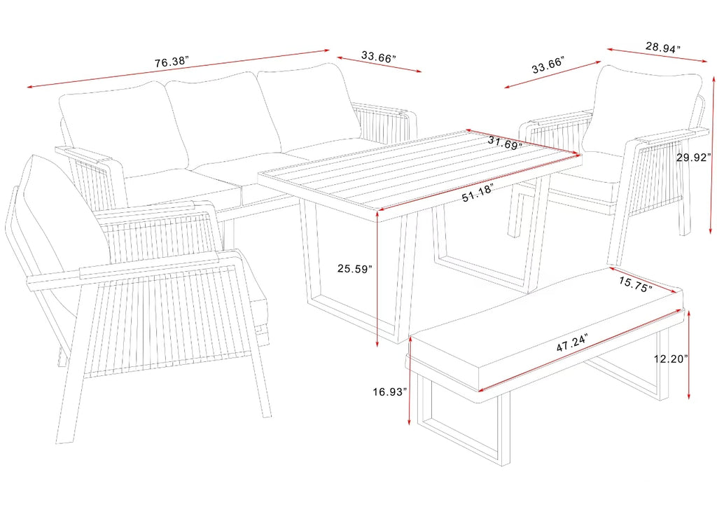 SNAKK SKITTENT Luxury Aluminum Dining Patio Set with Teak Wood Accents – Modern Outdoor Lounge Set