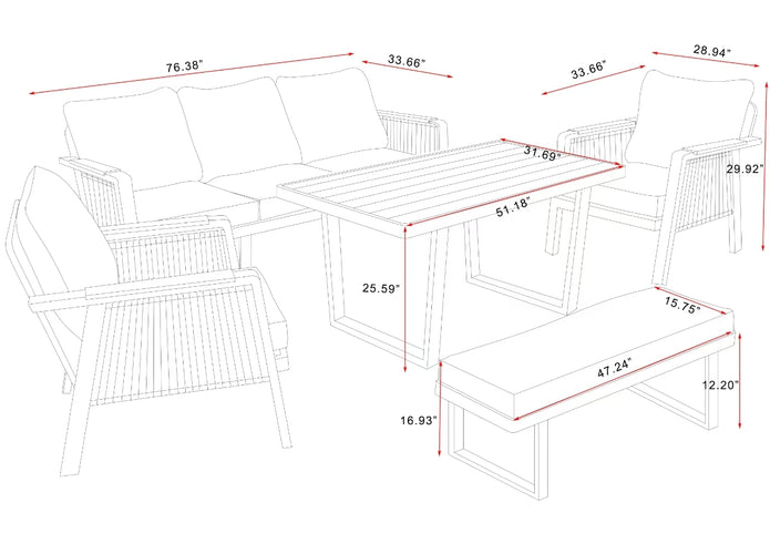 SNAKK SKITTENT Luxury Aluminum Dinning Patio Set with Teak Wood Accents – Modern Outdoor Lounge Set