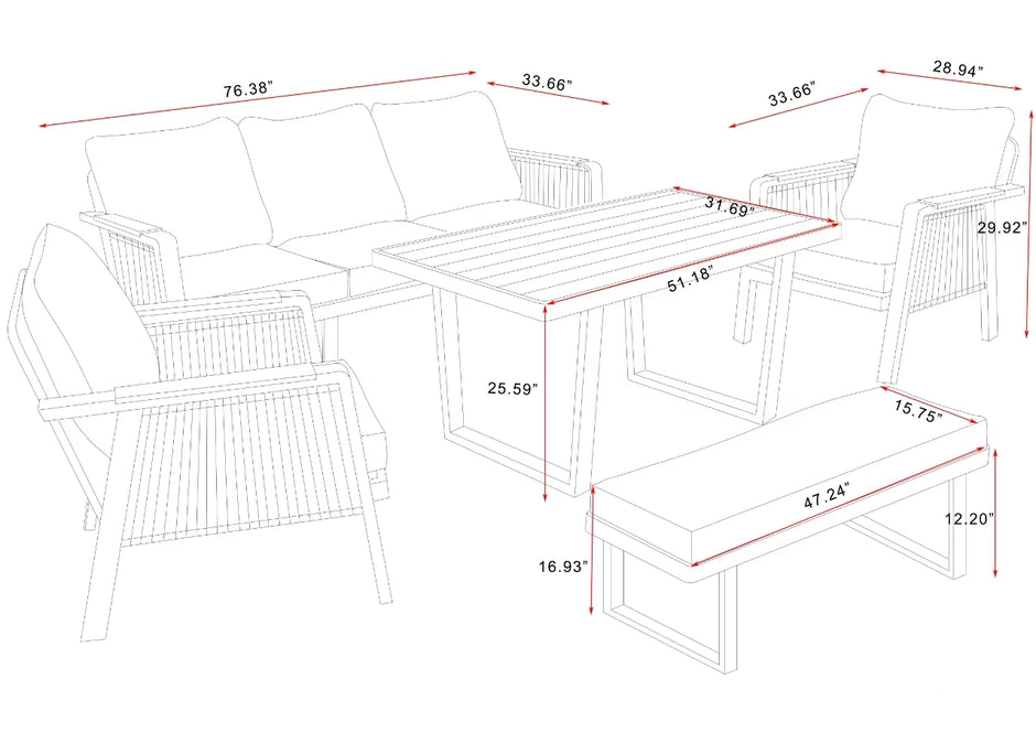 SNAKK SKITTENT Luxury Aluminum Dinning Patio Set with Teak Wood Accents – Modern Outdoor Lounge Set