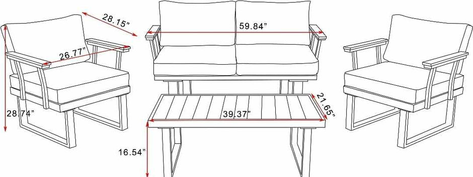 VAKKER  Modern 4 Seater Aluminum Patio Set with Polywood Coffee Table CHARCOAL GREY CUSHION