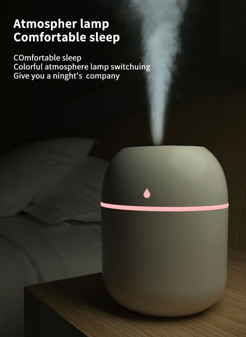 Mini Humidifier With Night LightAR Dynamic CaPortable humidifier with night light 
Usb charger 
Size:  height 8cm, width 8cm and length is 10 cmOFFICE DESKMini HumidifierAR Dynamic Ca