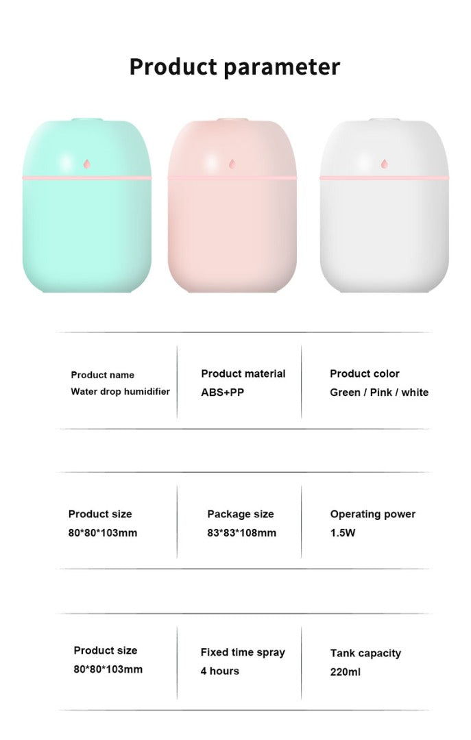 Mini Humidifier With Night LightAR Dynamic CaPortable humidifier with night light 
Usb charger 
Size:  height 8cm, width 8cm and length is 10 cmOFFICE DESKMini HumidifierAR Dynamic Ca