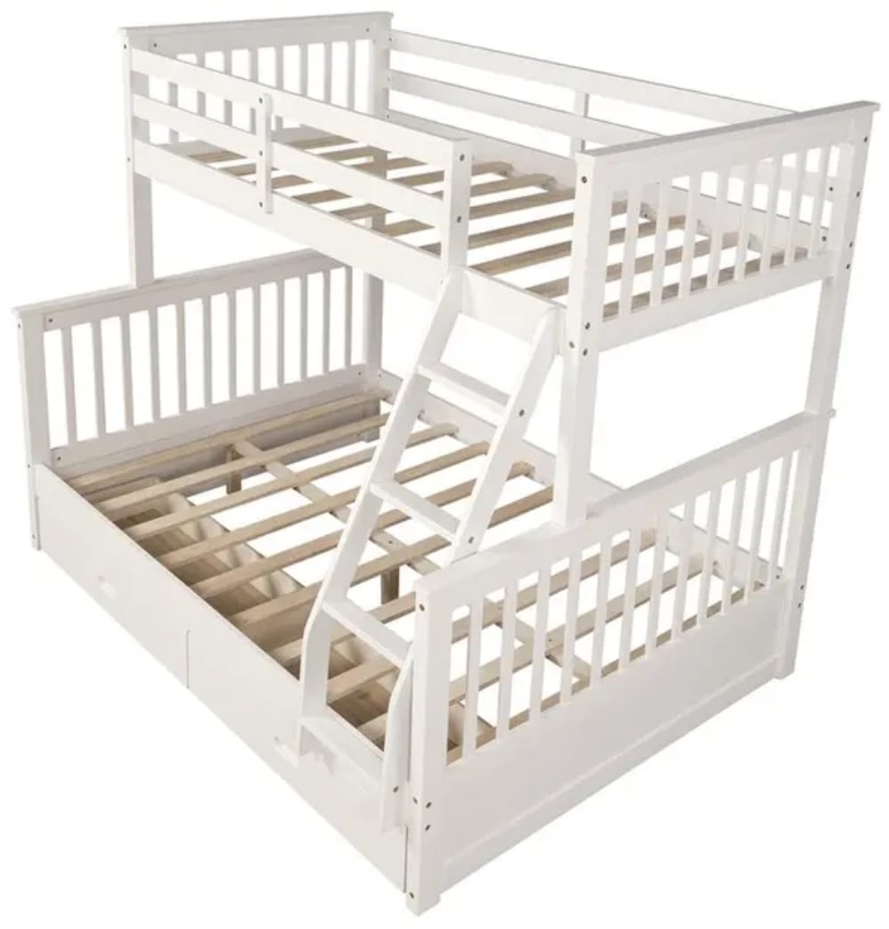 White single over double convertible bunk bed with built-in storage drawers and ladder