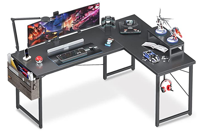 Modern L-Shaped Office Desk with monitor shelf, storage bag, iron hook, and durable metal frame